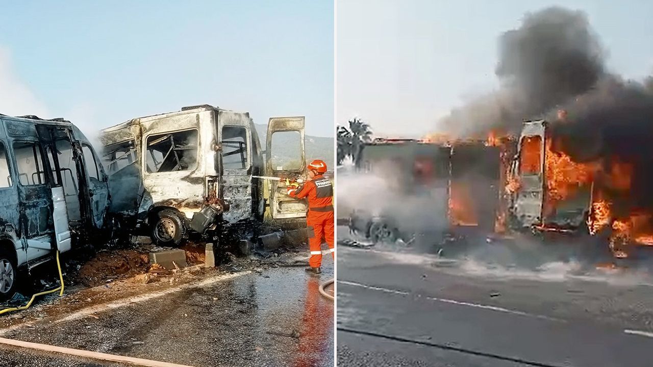 -İki minibüs çarpıştı, yangın etrafı sardı! 14 kişi yaralandı