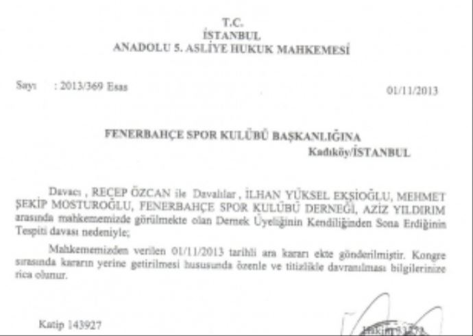 Fenerbahçe&#039;ye mahkemeden hatırlatma 