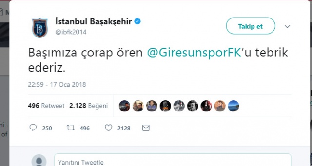 Medipol Başakşehir’den A.Ç Giresunspor için esprili paylaşım