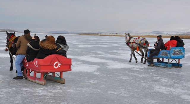 Yüzeyi 25 cm buz tuttu! Atlı kızaklar Çıldır Gölü&#039;ne indi