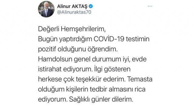 Bursa Büyükşehir Belediye Başkanı Alinur Aktaş&#039;ın koronavirüs testi pozitif çıktı