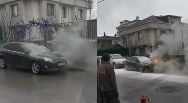 Çekmeköy&#039;de park halindeki otomobilin alevlere teslim olduğu anlar kamerada