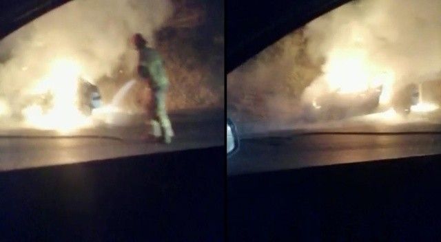 Otomobil alev alev yandı, sürücü canını zor kurtardı