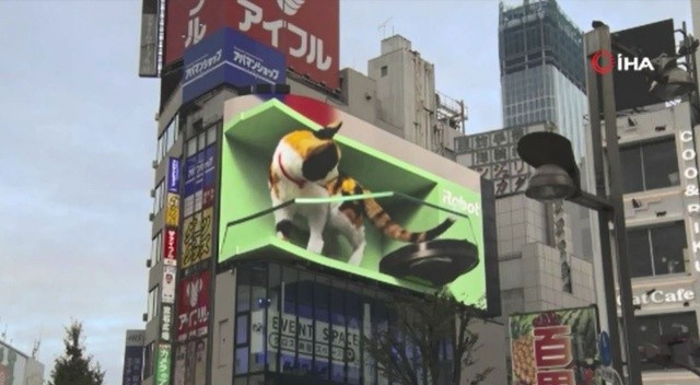 Tokyo’daki üç boyutlu kedinin süpürgeyle oynadığı anlar yoğun ilgi gördü