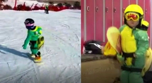Çin’de 3 yaşındaki kız çocuğundan snowboard gösterisi