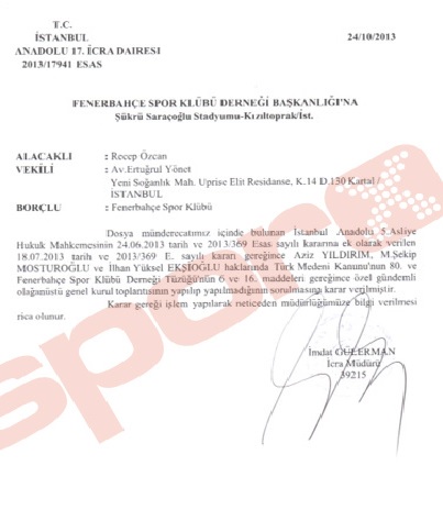 İcra Müdürlüğü'nden Fenerbahçe'ye şok yazı