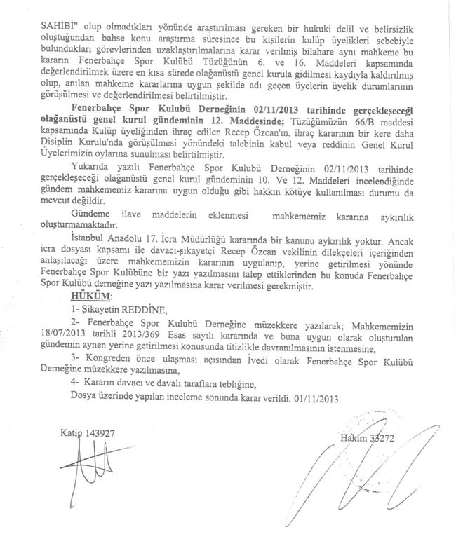 Fenerbahçe'ye mahkemeden hatırlatma