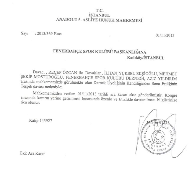 Fenerbahçe'ye mahkemeden hatırlatma