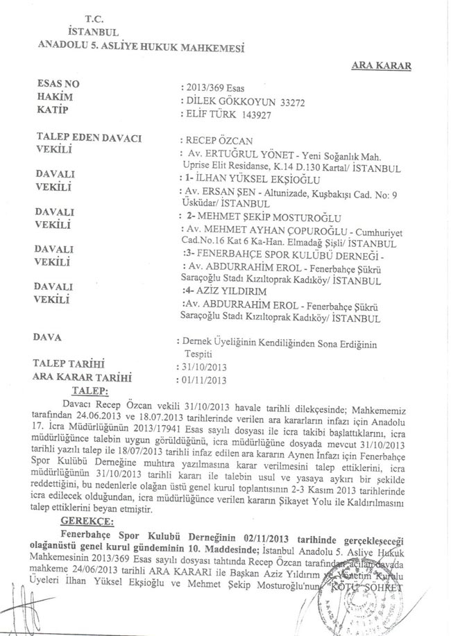 Fenerbahçe'ye mahkemeden hatırlatma