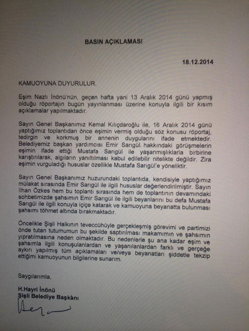 Hayri İnönü'den Sarıgül açıklaması
