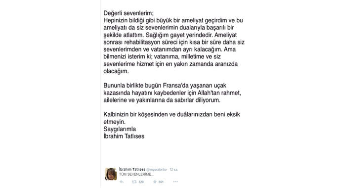 İşte İbrahim Tatlıses'ten ilk tweeti