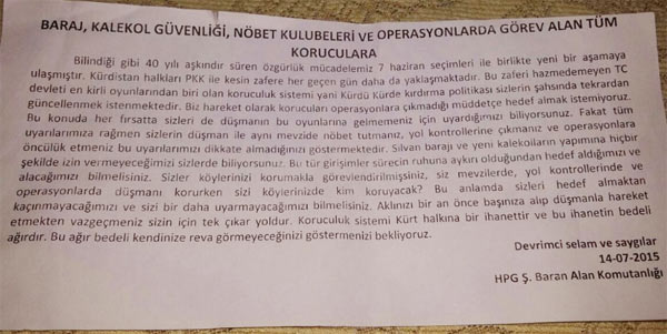 PKK korucuları tehdit etti
