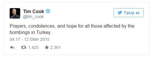Tim Cook Ankara katliamı için tweet attı
