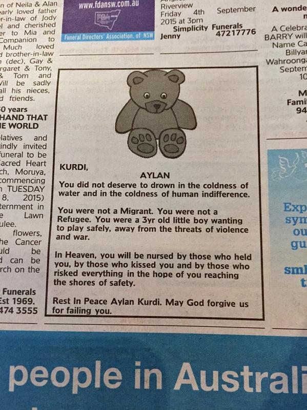 Avustralya gazetesi Sydney Morning Herald'da minik Aylan için taziye mesajı yayınlandı