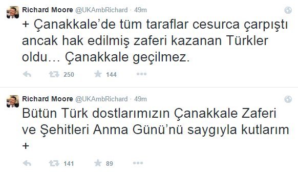 İngiliz Büyükelçisi Moore'dan Çanakkale tweeti