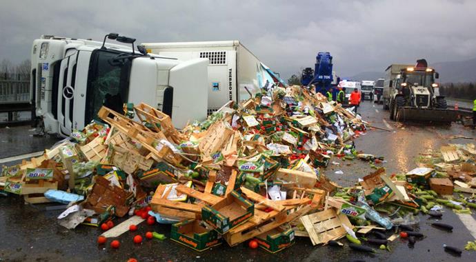 TEM'de sebze yüklü TIR, otomobili dümdüz etti