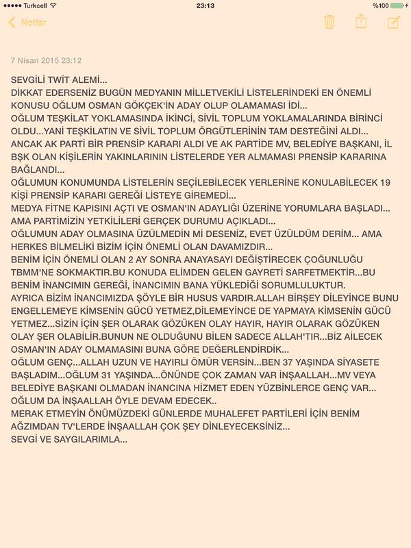 Melih Gökçek'ten oğlu Osman Gökçek'in aday gösterilmemesiyle ilgili açıklama