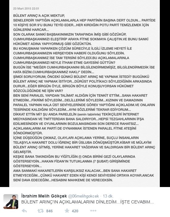 Melik Gökçek'ten Bülent Arınç'a cevap