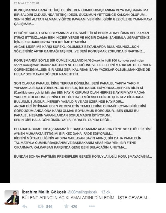 Melik Gökçek'ten Bülent Arınç'a cevap
