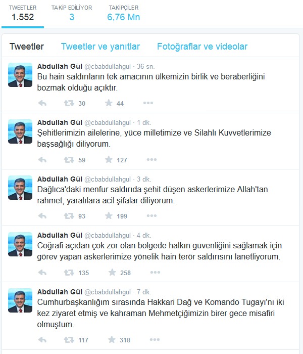 Abdullah Gül'den Dağlıca mesajı