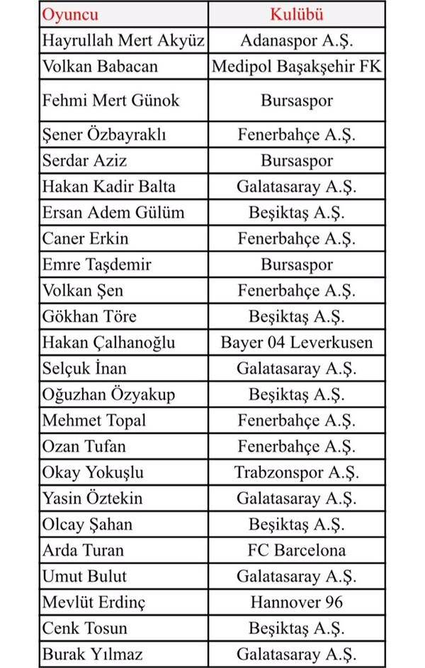 A Milli Takım kadrosu açıklandı