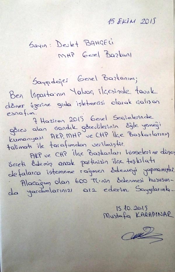 Devlet Bahçeli'ye mektup: Kumanyamın parasını vermediler...