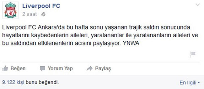 Liverpool'dan başsağlığı mesajı