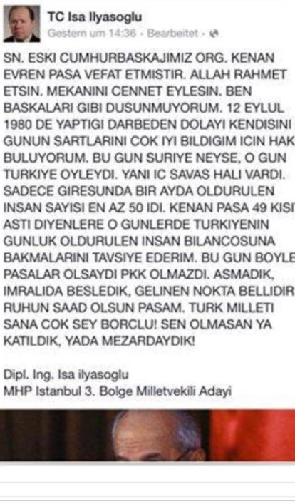 Kenan Evren'i öven MHP'li aday istifa etti