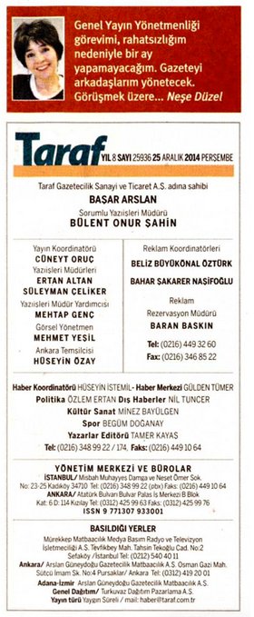 Neşe Düzel'in ismi Taraf Gazetesi'nin künyesinden silindi