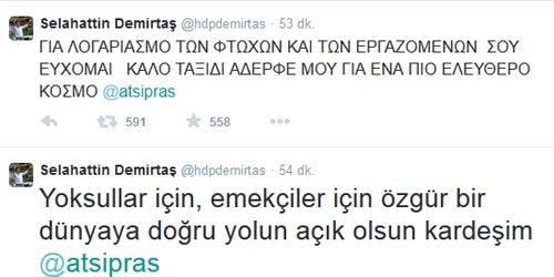 Selahattin Demirtaş'tan Sipras'a tebrik tweet'i