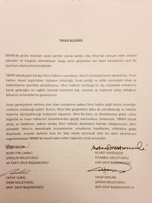 TBMM Genel Kurulu'ndan ortak 'Mısır' bildirisi