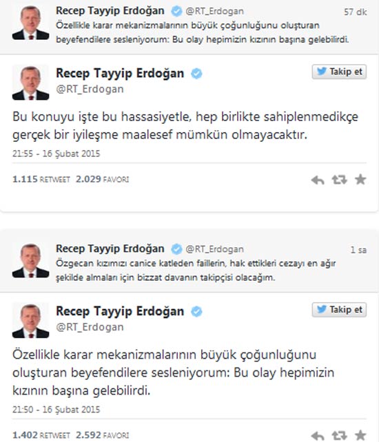 Cumhurbaşkanı Erdoğan'dan Özgecan Aslan tweeti