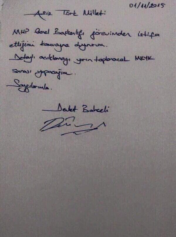 İşte Bahçeli'nin istifa mektubu