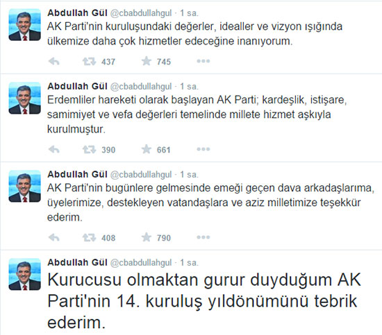Abdullah Gül'den AK Parti'nin kuruluş yıl dönümünü için tebrik mesajı