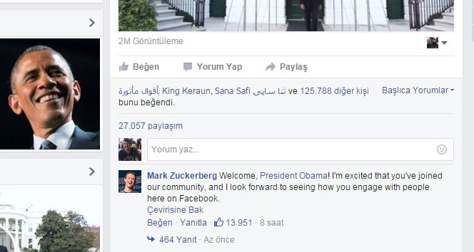 Obama Facebook açtı, ilk yorumu Zuckerberg yaptı