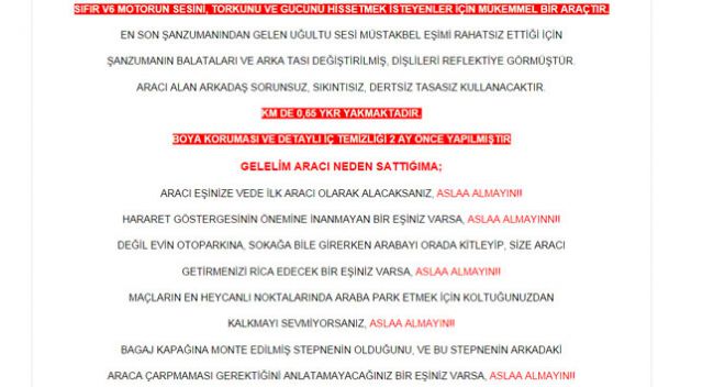 Eşinin arabası için öyle bir ilan verdi ki!