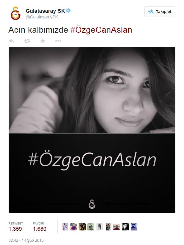 Galatasaray'dan Özgecan tweeti
