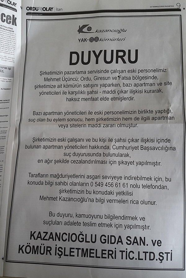Patron, eski çalışanından gazete ilanıyla intikam aldı
