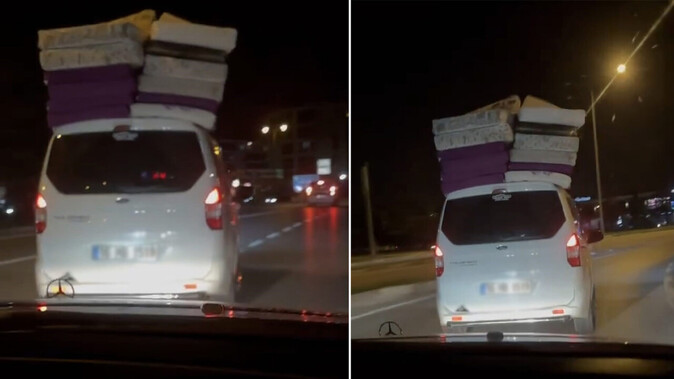 Trafikte tehlikeli anlar: Aracın üstünde bir sürü yatak taşıdı