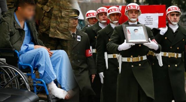 Şehit için düzenlenen törene yaralı asker de katıldı