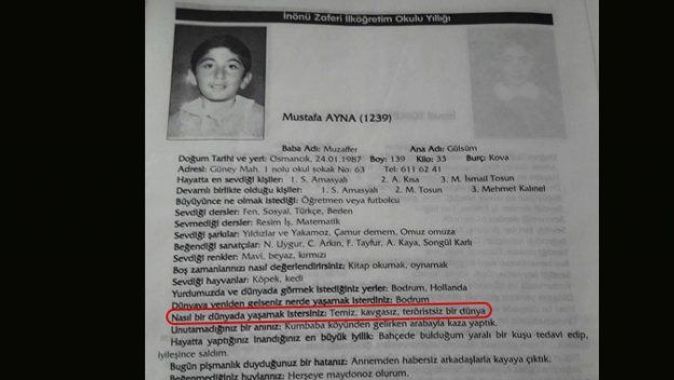 Şehit Astsubay Mustafa Ayna daha küçücükken &#039;teröristsiz bir dünya&#039; dilemiş