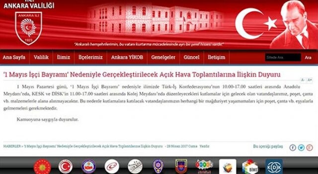 Ankara Valiliği&#039;nden 1 Mayıs açıklaması