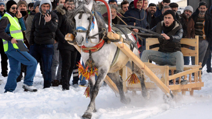 Erzurum’da  kıyasıya  atlı kızak yarışları
