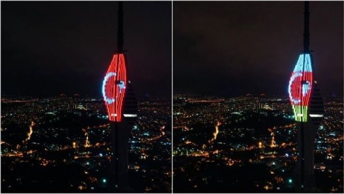 Çamlıca Kulesi&#039;ne Türkiye ve Azerbaycan bayrakları yansıtıldı