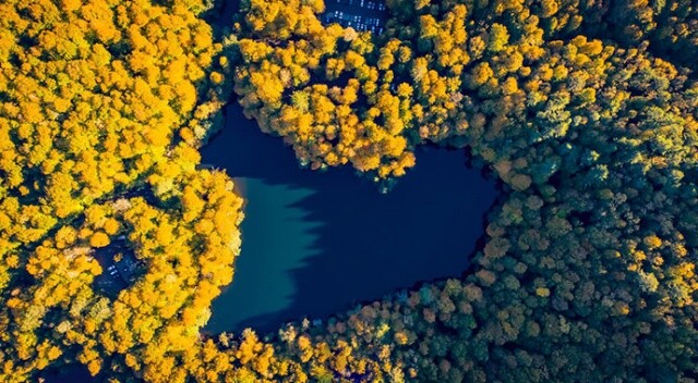 Sonbaharın tüm renklerini barındıran kalp şeklindeki göl