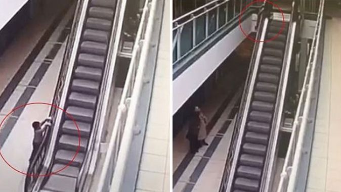 Yürüyen merdivene tutunan çocuk, 6 metre yükseklikten yere çakıldı