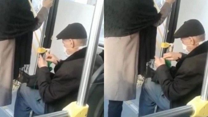 Belediye otobüsündeki yaşlı amcayı görenler tebessüm etti