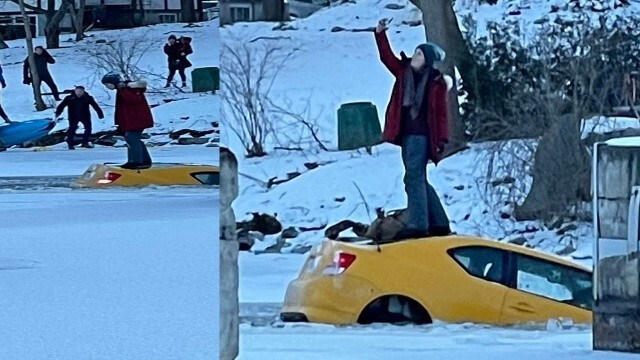 Arabası buz tutmuş suya gömülürken üzerinde selfie çekti