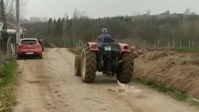 Gebe köpeği öldürüp traktörün arkasında sürükledi