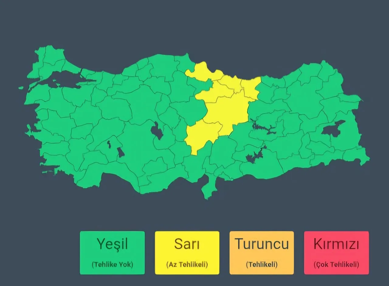 MGM tarafından yayımlanan, sarı kodlu illerin belirtildiği harita